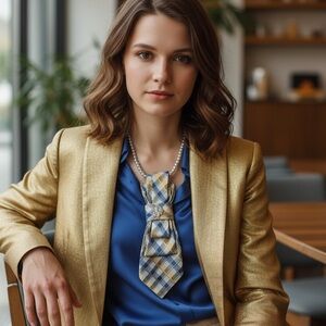 Gold and blue plaid necktie necklace with silver owl adorned